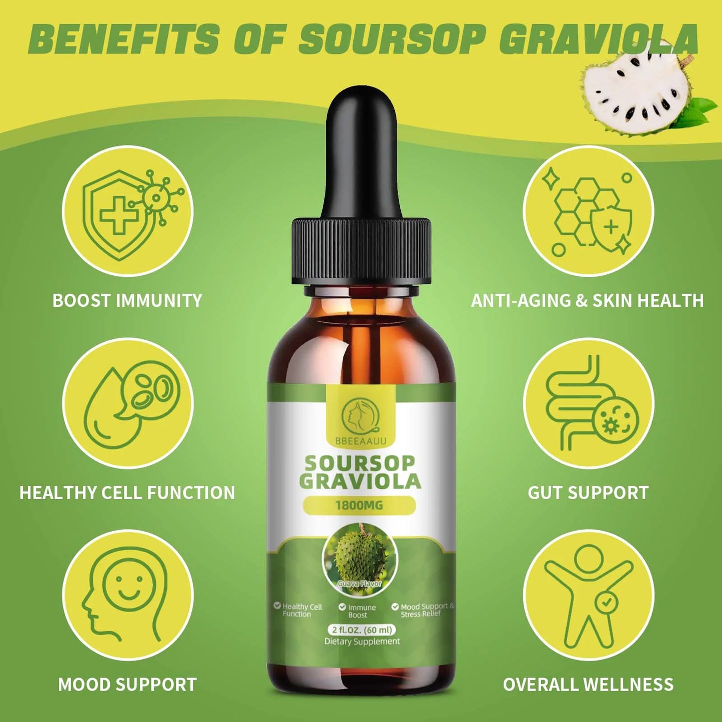 2 Fl. oz. Natural Soursop (Graviola) Extract Drops | Plant-Based Wellness Support | Antioxidant-Rich | Gluten-Free | 2 Fl. oz. Liquid Herbal Supplement 🌿