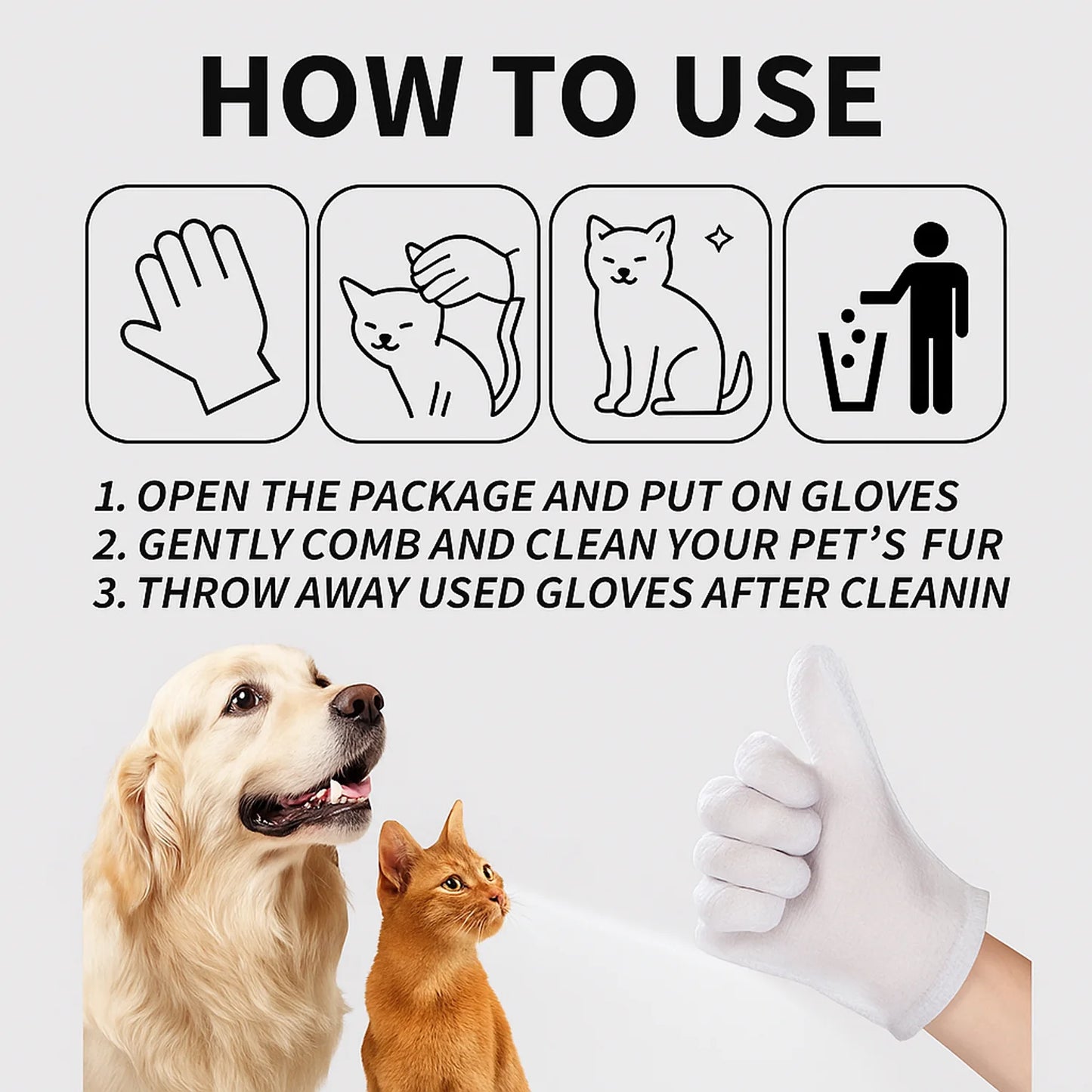 Pet supplies, pet disposable gloves, bathing and cleaning for cats and dogs, dry cleaning, wet wipes, and gloves.