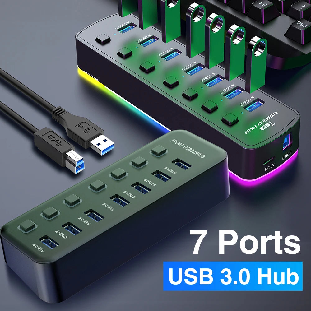 🌈🔌 RGB USB 3.0 Hub 7-Port – 5Gbps with Individual Switch