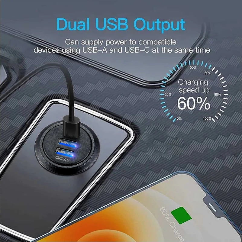 12V/24V Fast Charge USB Socket – 54W PD USB‑C + Dual QC3.0 Ports | Marine, Motorcycle, Truck & Car Power Outlet