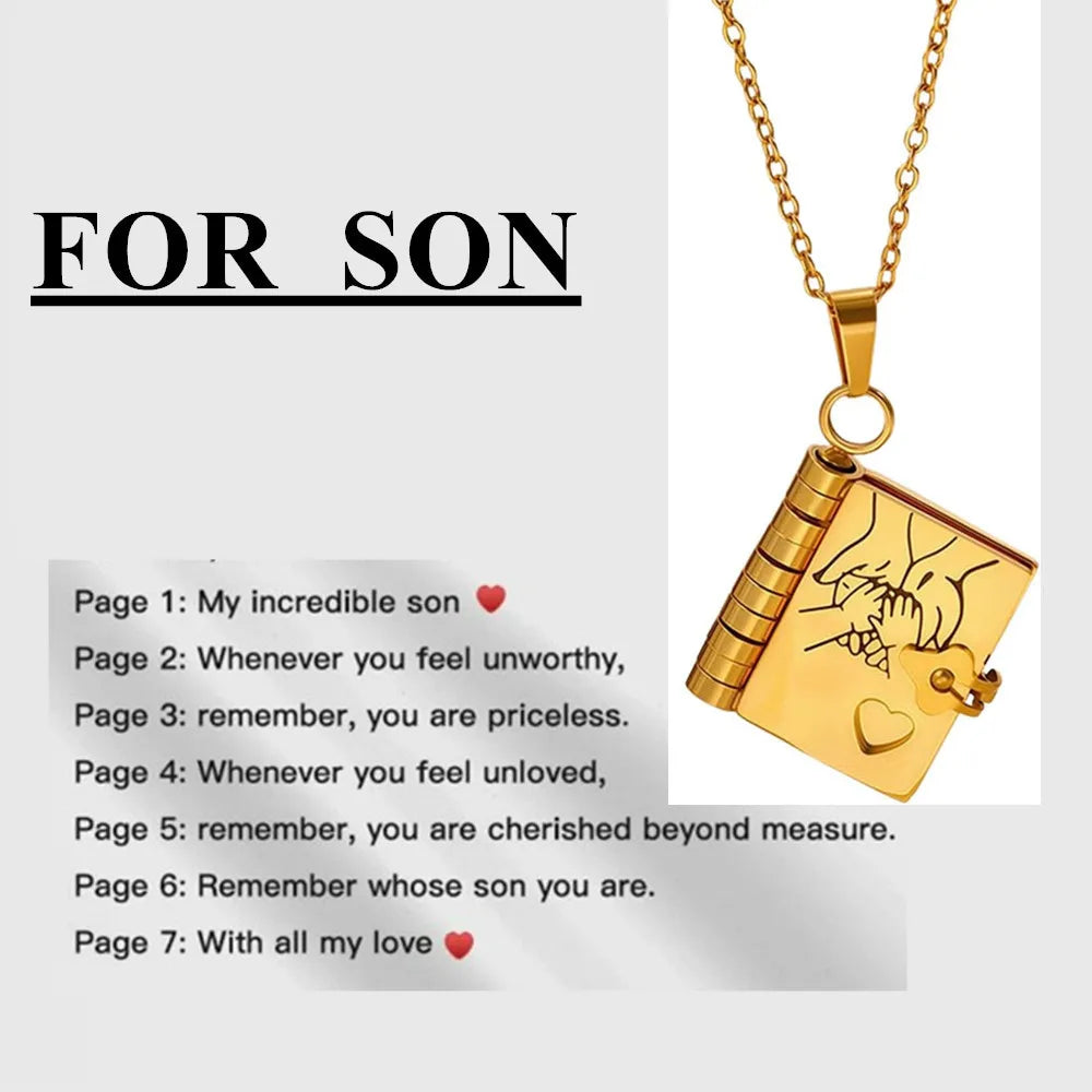 📖💙 To My Champion Son Book Necklace 🏆 | Engraved Openable Book Pendant with 6 Message Pages ✨ | Birthday Gift for Boys – My Little Hero 💪