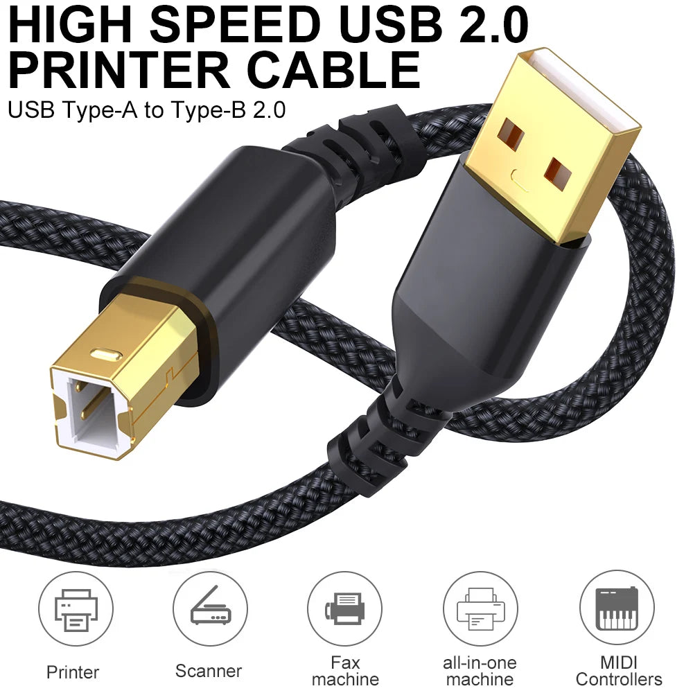 USB B to USB A Printer Cable 2.0 – High Speed Male to Male Scanner Cord for HP, Canon, Epson, Dell, Lexmark