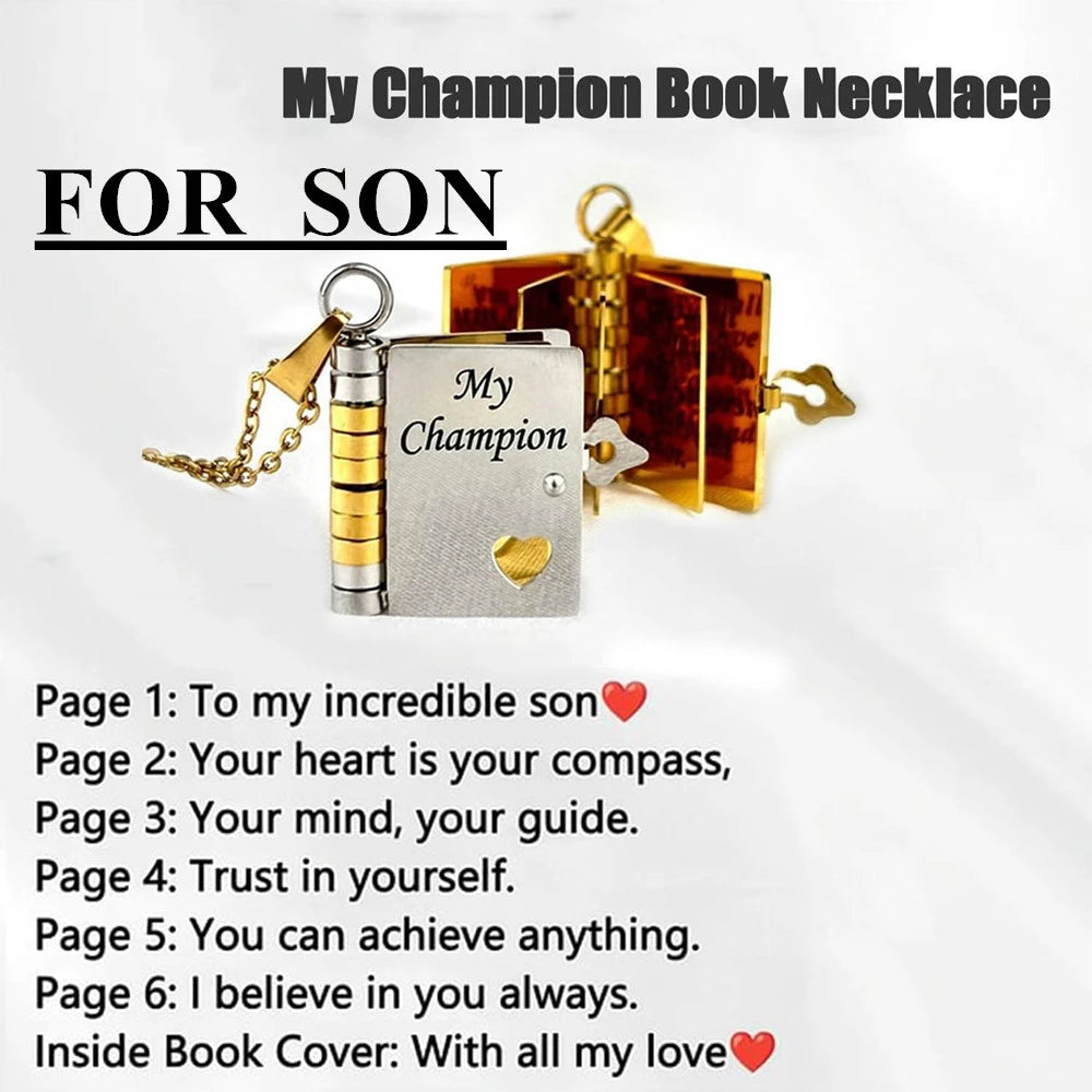 📖💙 To My Champion Son Book Necklace 🏆 | Engraved Openable Book Pendant with 6 Message Pages ✨ | Birthday Gift for Boys – My Little Hero 💪