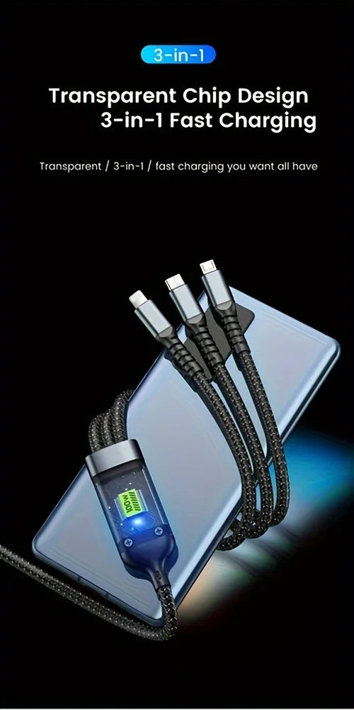 100W 3-in-1 MFi Transparent Fast Charging Cable with LED Pilot Lamp