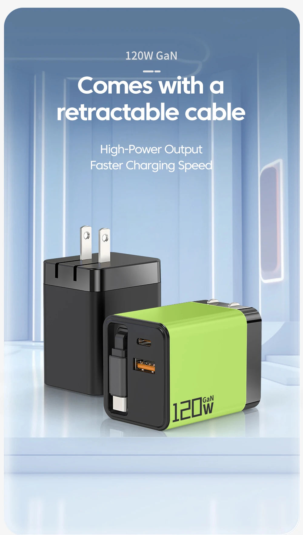 🔌 3-in-1 USB-C 120W Fast Charging Wall Adapter with Retractable Cable ⚡ | Dual Device Smart Charger for iPhone, Samsung & Google Pixel | Compact, Stylish & Travel-Ready