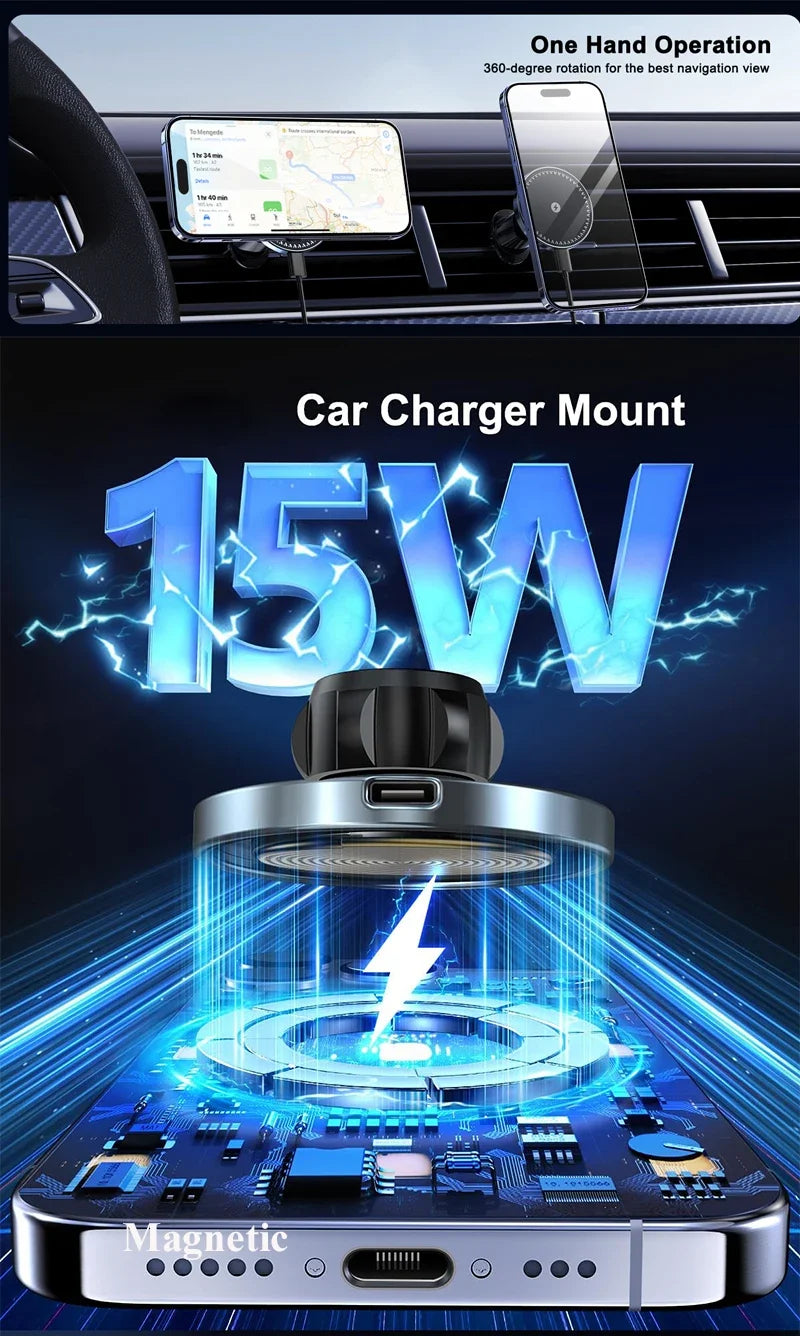 UYUXIO Magnetic Wireless Car Charger – 15W Air Vent Phone Holder