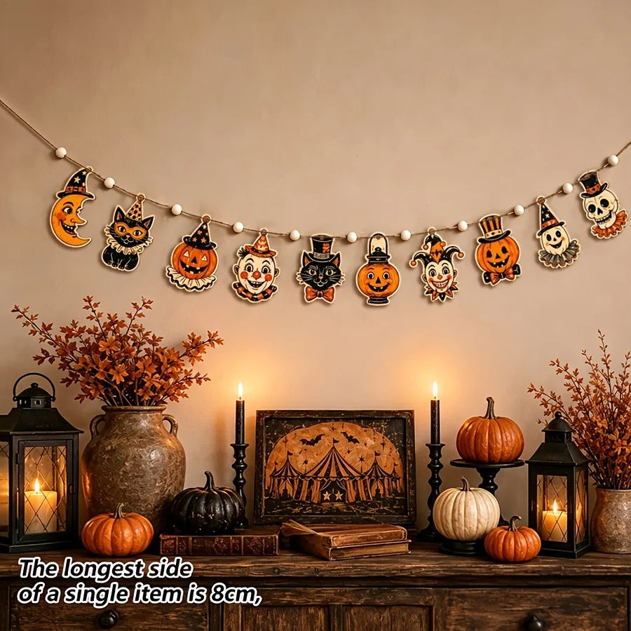 Vintage Halloween Wooden Banner – Pumpkin & Ghost Garland