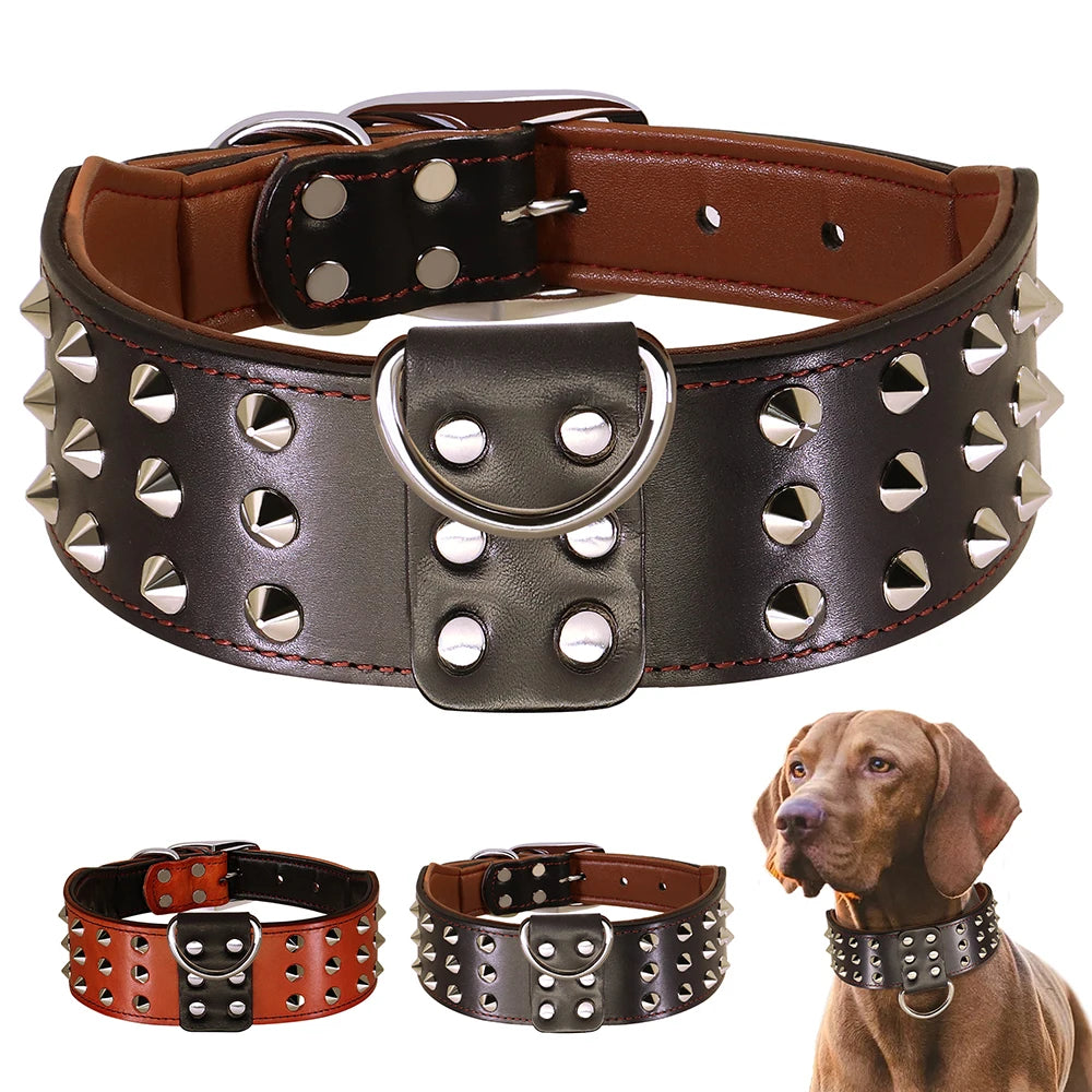 🐕🛡️ Spiked Studded Big Dog Collar – Genuine Leather Wide Anti-Bite Collar for Rottweiler & Pitbull