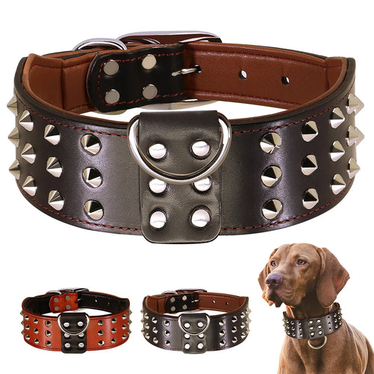 🐕🛡️ Spiked Studded Big Dog Collar – Genuine Leather Wide Anti-Bite Collar for Rottweiler & Pitbull
