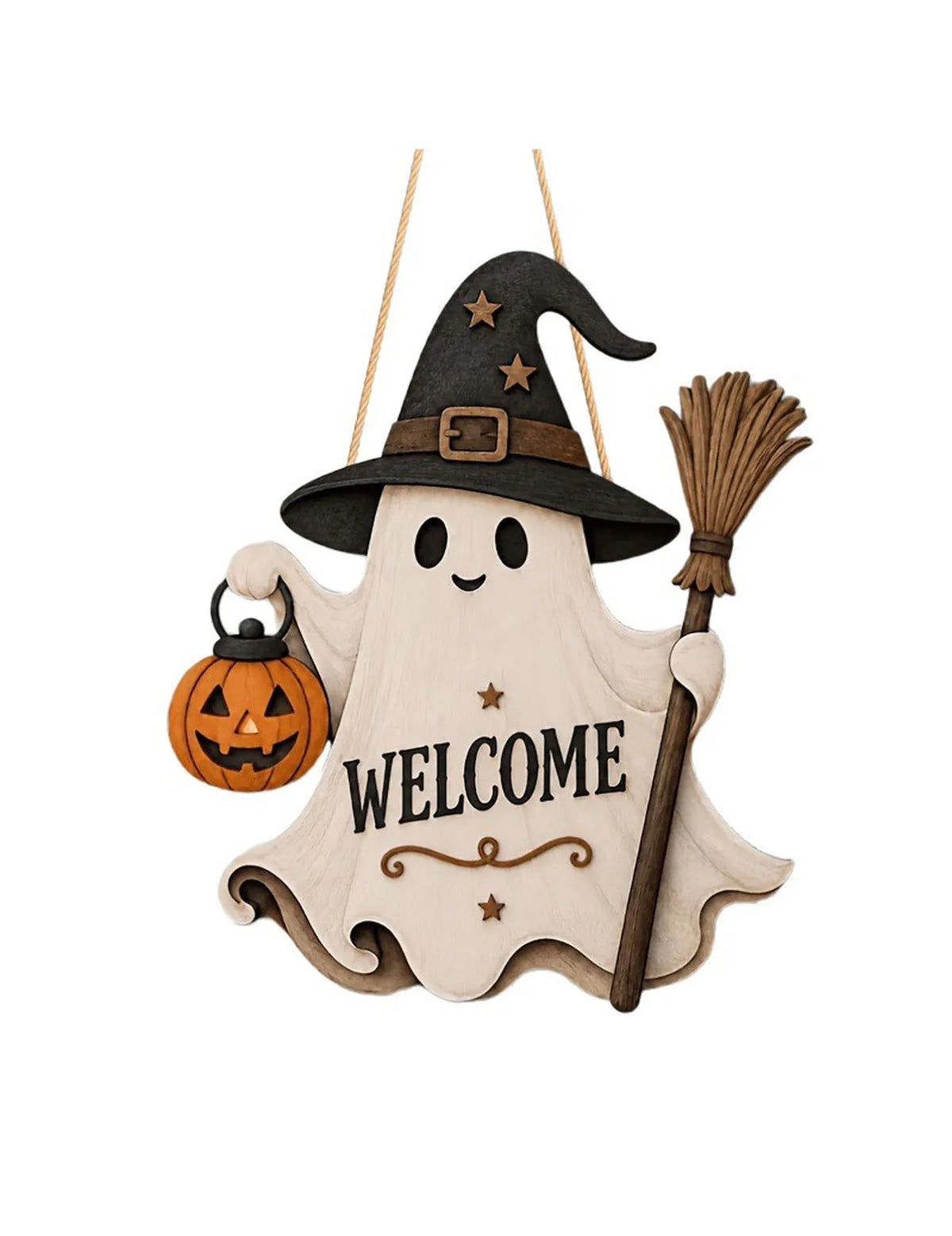 Halloween Ghost Door Plaque – Witch Hat, Broom & Pumpkin