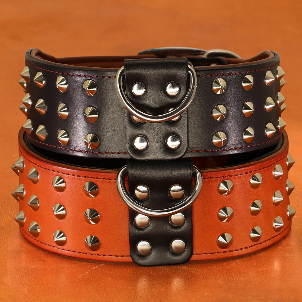 🐕🛡️ Spiked Studded Big Dog Collar – Genuine Leather Wide Anti-Bite Collar for Rottweiler & Pitbull