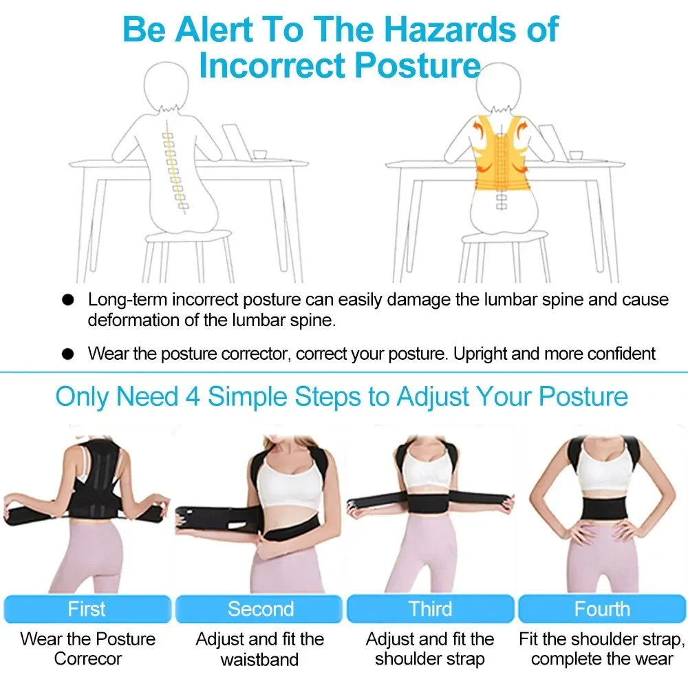 Adjustable Back posture corrector with breathable shoulder and waist support straps