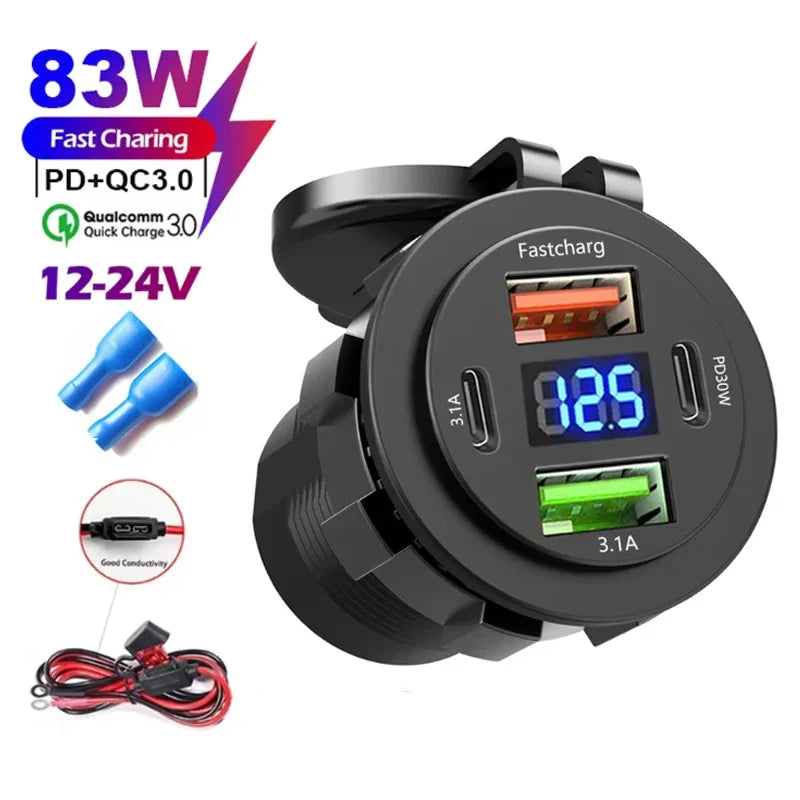🚗 4‑Port PD + QC 3.0 Car Charger with Voltmeter | 83W Fast Charge | Waterproof 12V/24V