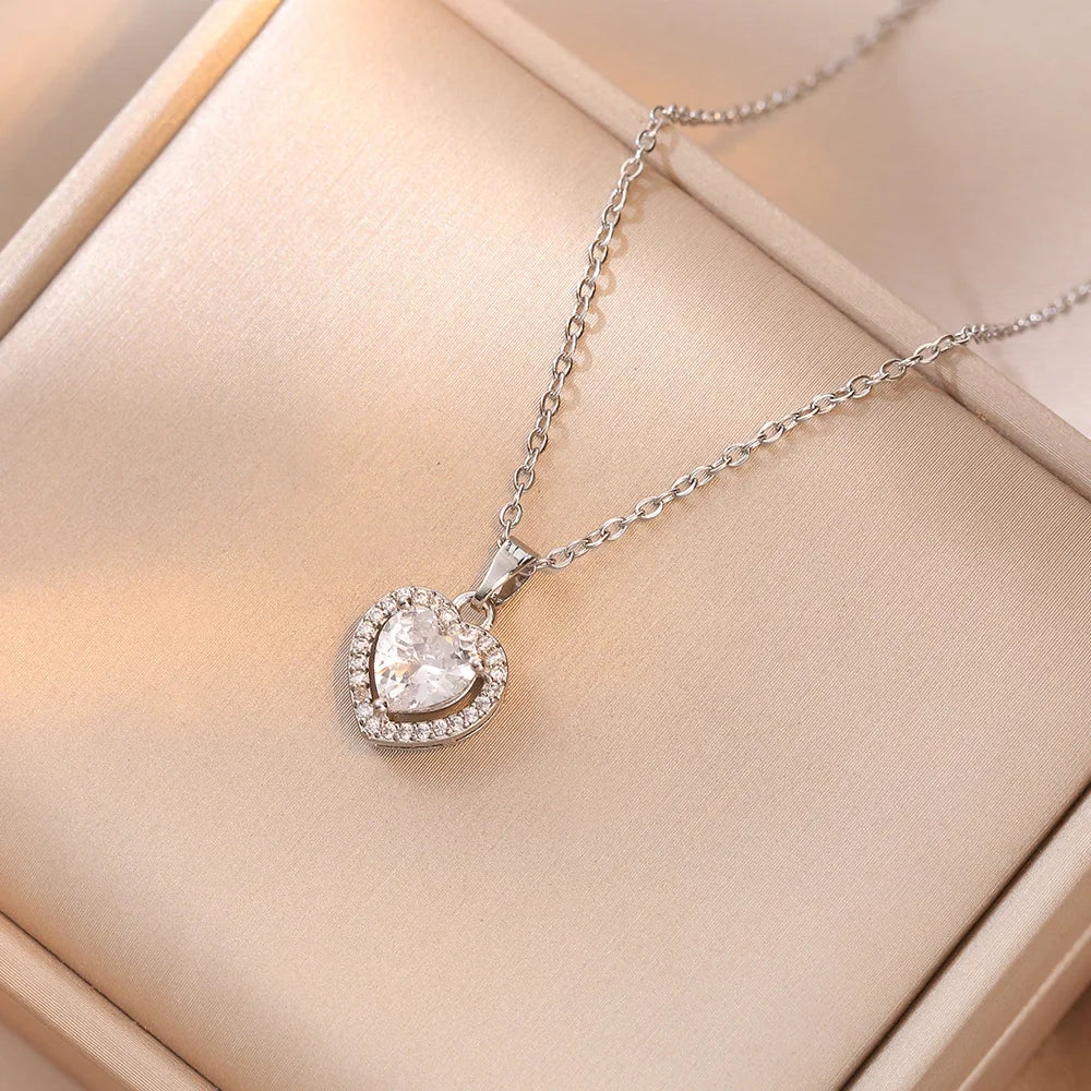 💖✨ Charm Fashion Pink Heart Zircon Jewelry Set 💎 | Luxury Silver Color Stainless Steel Ring & Necklace Set for Women 💕 | Colorfast Crystal Gift