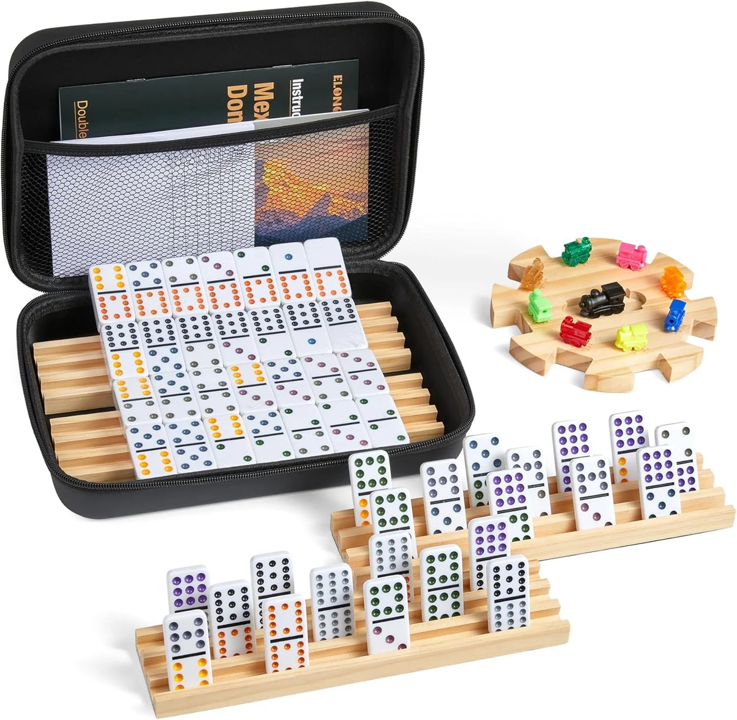 Mexican Train Double 12 Dominoes Set 🎲 | 91 Colorful Tiles, 4 Wooden Trays, 9 Trains 🚂 | Portable Carry Case for Family Game Nights 👨‍👩‍👧‍👦