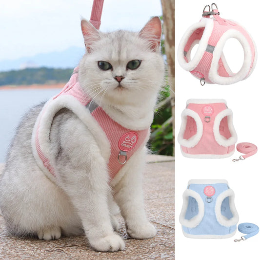 ❄️🐾 Rabbit Fur Winter Cat & Dog Harness with Leash – Reflective Adjustable Set