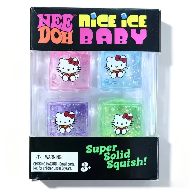 Four Hello Kitty-themed ice cube squishy toys in a clear-front display box