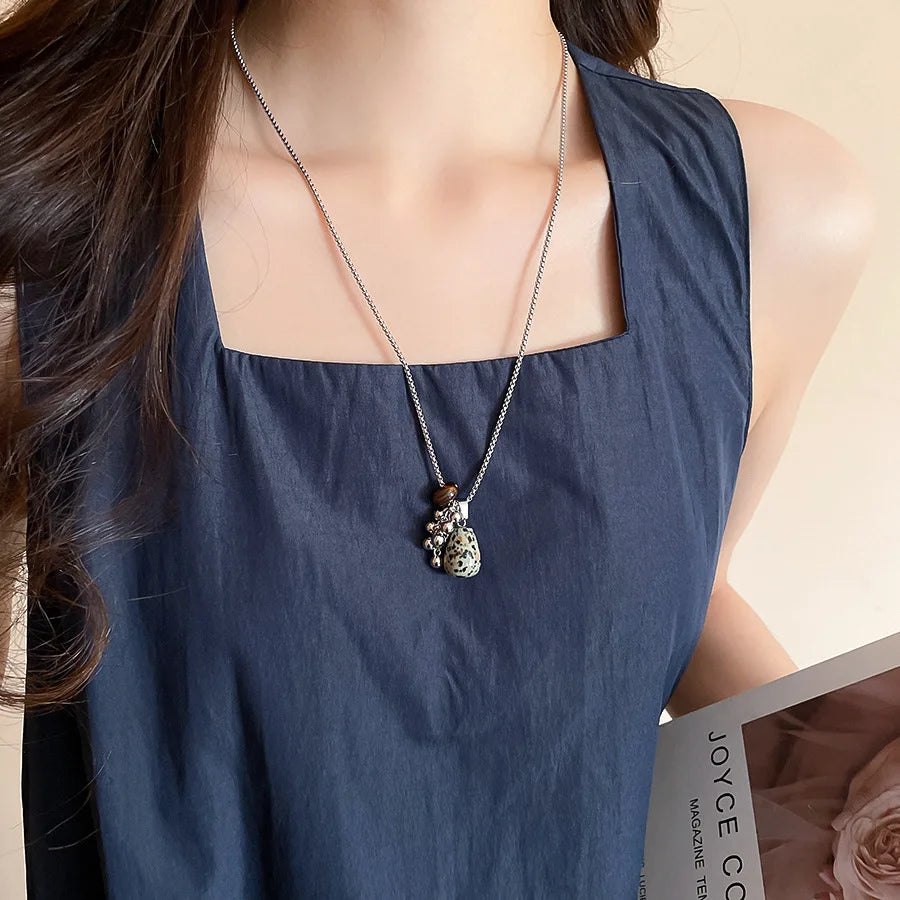 💛✨ Natural Spotted Tiger Eye Stone Necklace 🍇 | Vintage Water Droplet Grape Pendant 🌿 | Long Chain Necklace for Women Boho Accessories 💖