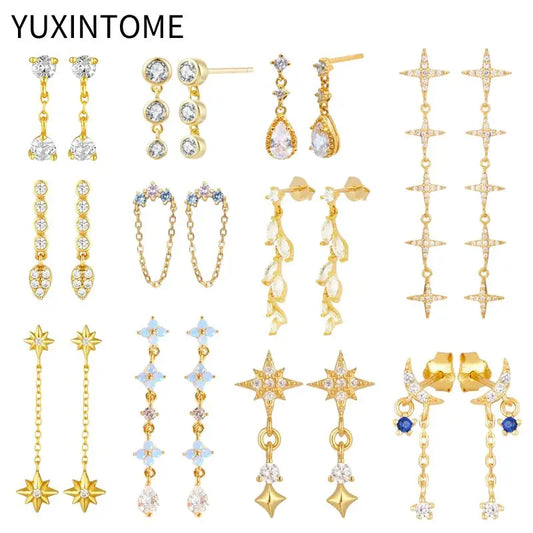 ✨💎 925 Silver Ear Needle Crystal Star Stud Earrings 💖 | Heart Chain Tassel Pendant Earrings for Women 👰 | Party & Wedding Jewelry Accessories 🌟