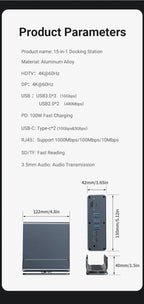 💻🔗 15-in-1 Type-C Docking Station – 4K@60Hz HDMI & DisplayPort Hub
