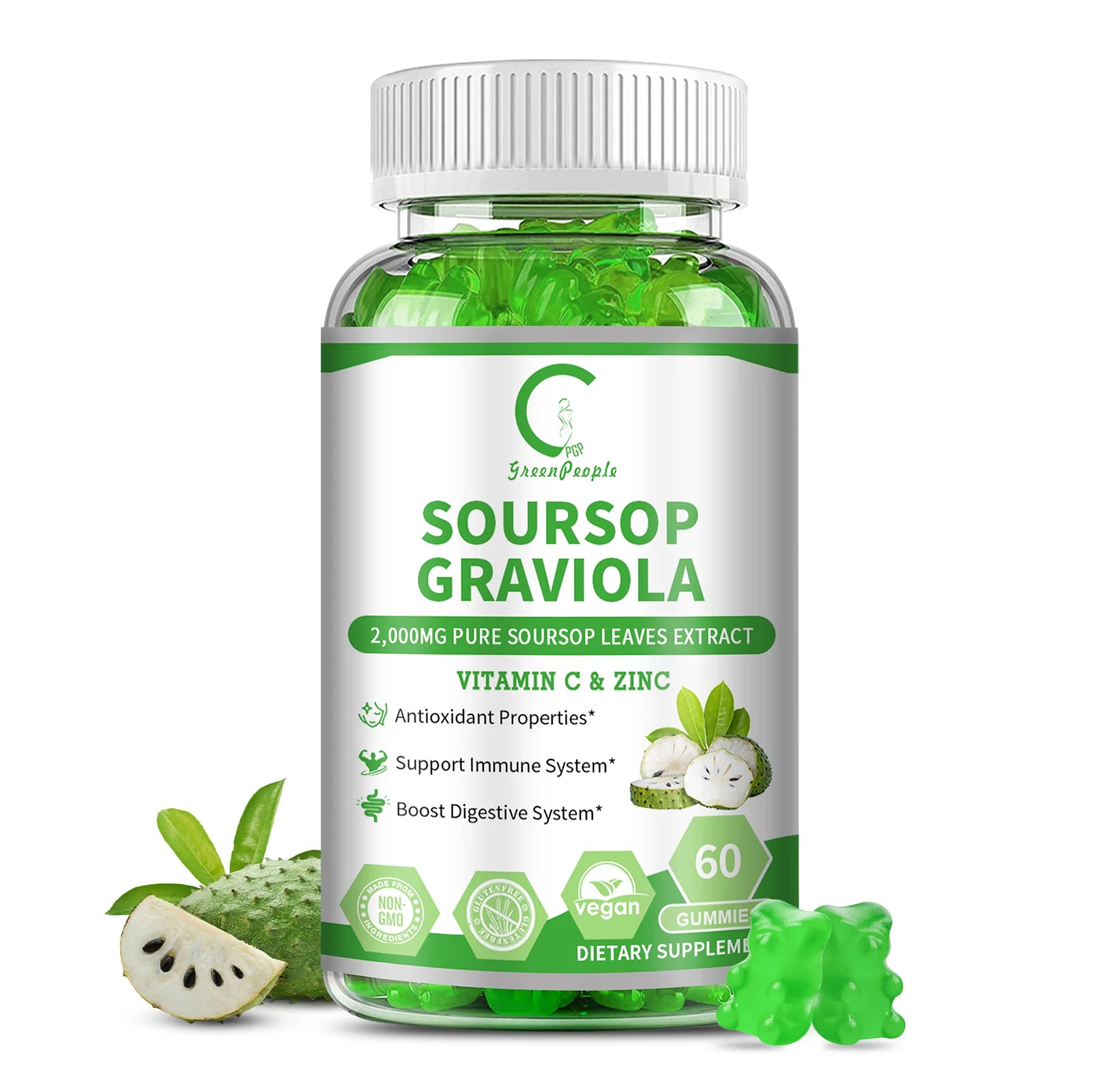 Soursop Gummies 🍃 | Immune, Digestive & Skin Health Support | Vitamin C & Zinc | Cellular Wellness Formula | 60 Gummies