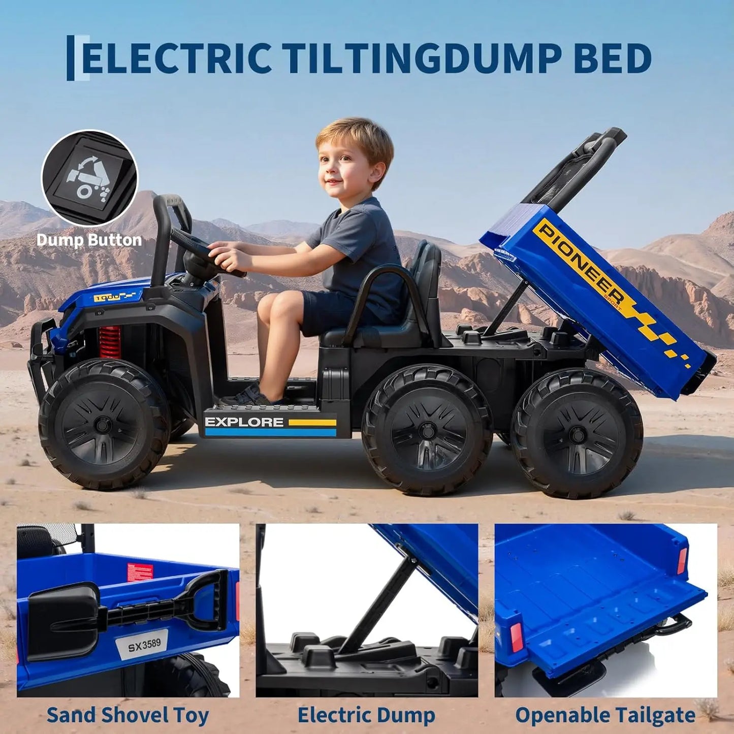 🚜⚡ 24V 2-Seater Ride-On Dump Truck – 4WD Electric Car with Remote Control, Dump Bed, Music & 3 Speed Modes