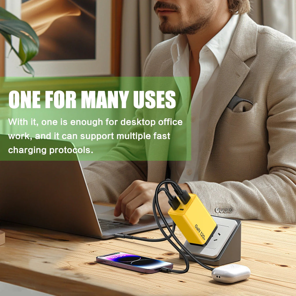⚡ 120W GaN 4-Port Fast Charger (2 USB-C PD + 2 USB-A QC 3.0) – Universal Travel Wall Adapter 🌍