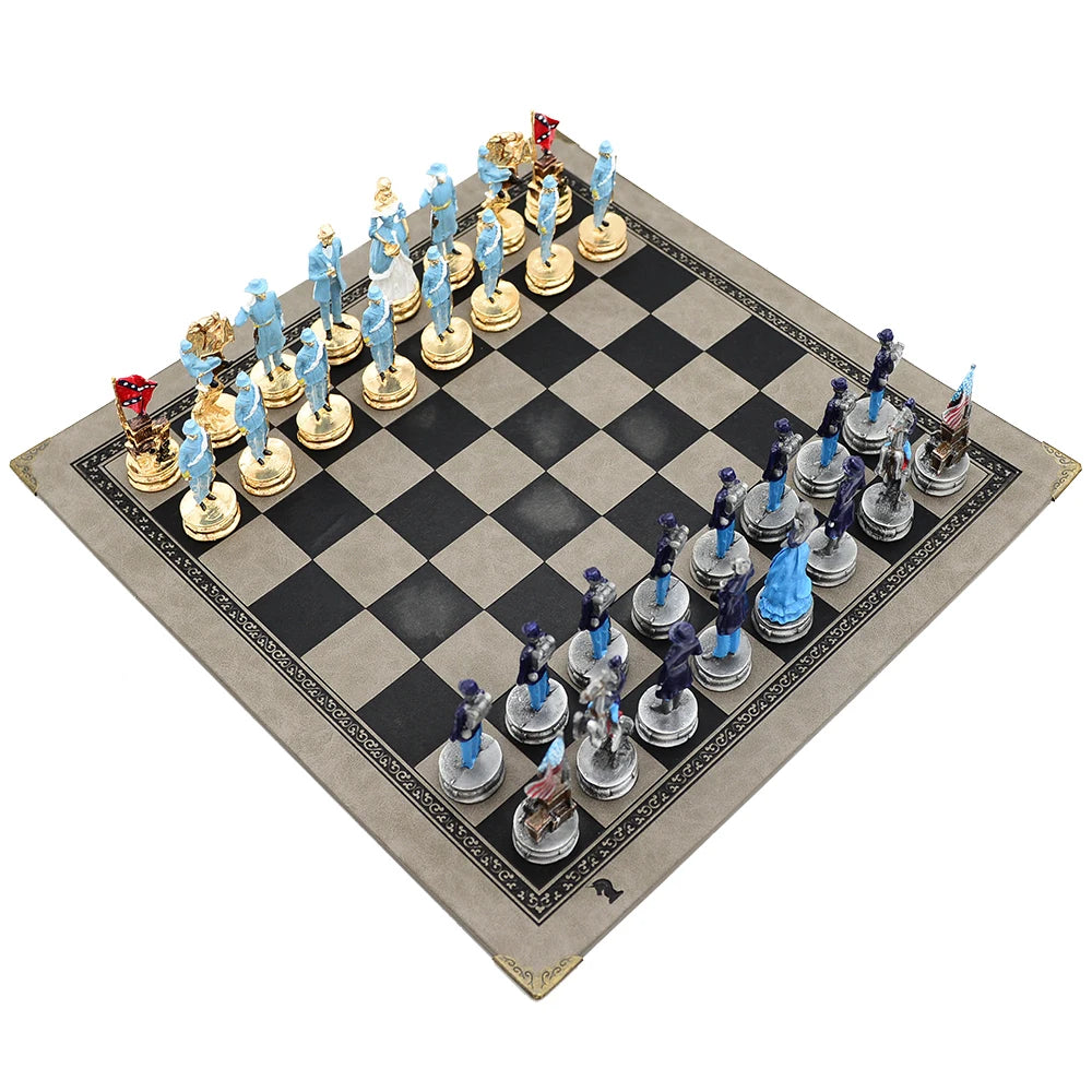 Luxury War‑Themed Metal & Resin Chess Set ♟️ | Hand‑Painted Knights on Leather Board | 32‑Piece Strategy Gift Set 🎁