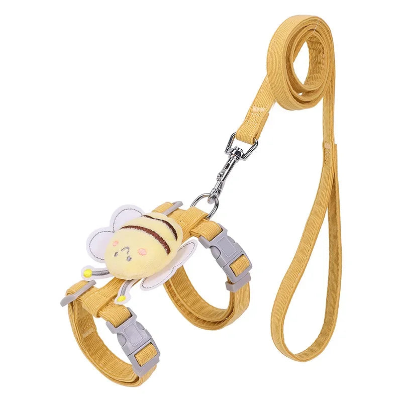 Cat Harness Leash Collar Set, Adjustable Cartoon Bee Design Double Layer Dog Harness for Small and Medium Pets Outdoor Walking Gear