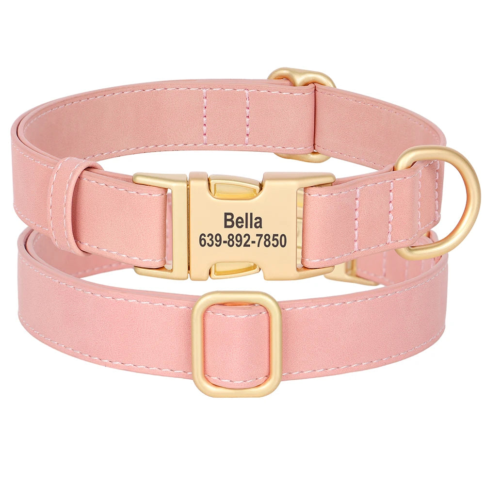 PU Leather Dog Collar with Free Custom Engraved Nameplate, Adjustable Anti‑Lost Buckle Collar for All Dog Sizes