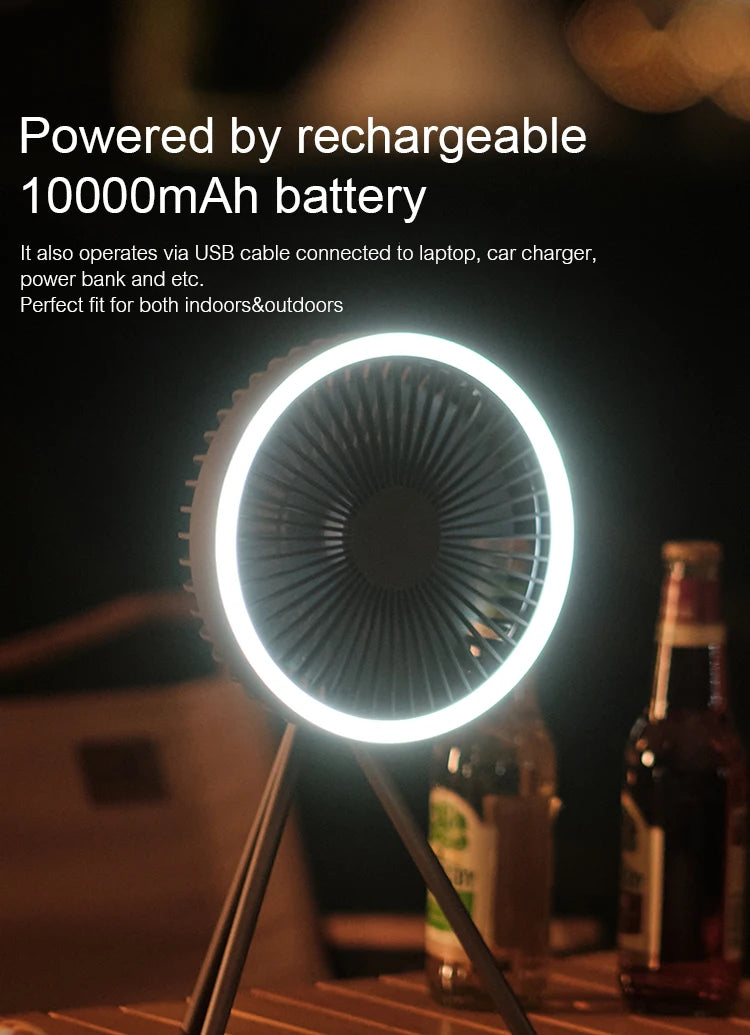 🌬️🔋 Rechargeable Camping Fan 4000mAh / 10000mAh – LED Light & Power Bank