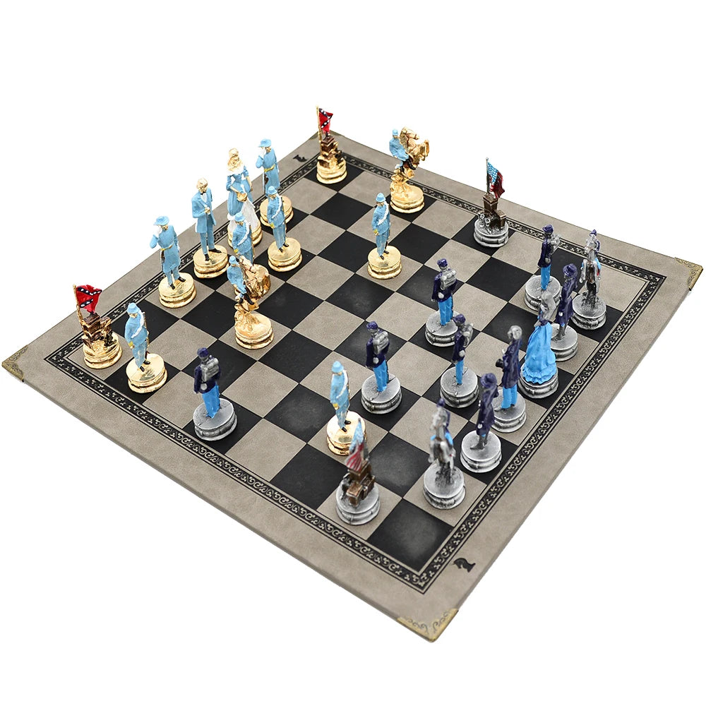 Luxury War‑Themed Metal & Resin Chess Set ♟️ | Hand‑Painted Knights on Leather Board | 32‑Piece Strategy Gift Set 🎁