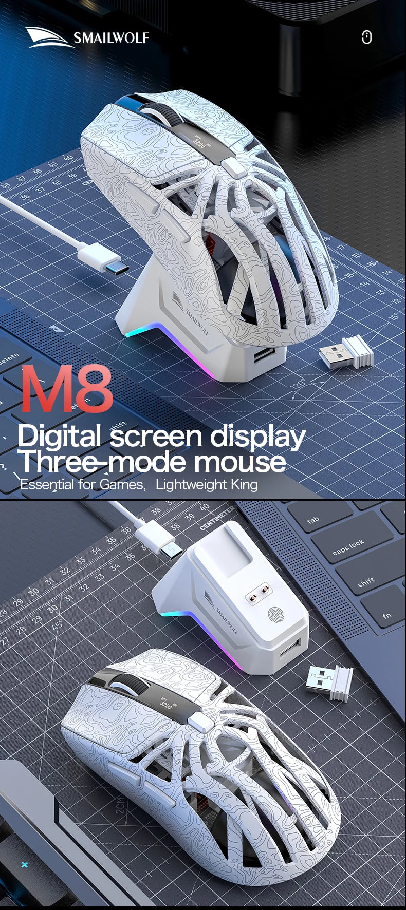 🔥🖱️ SMAILWOLF M8 Wireless RGB Gaming Mouse – 12000 DPI Tri-Mode