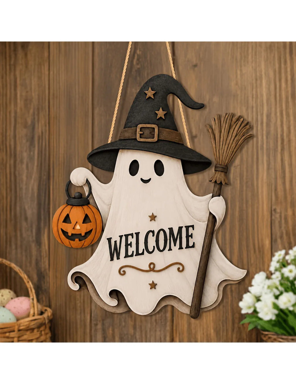 Halloween Ghost Door Plaque – Witch Hat, Broom & Pumpkin
