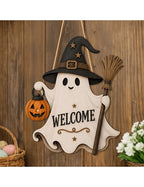 Halloween Ghost Door Plaque – Witch Hat, Broom & Pumpkin