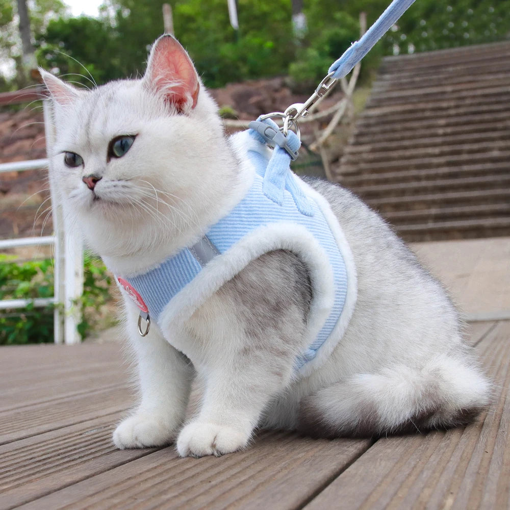 ❄️🐾 Rabbit Fur Winter Cat & Dog Harness with Leash – Reflective Adjustable Set