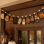 Vintage Halloween Wooden Banner – Pumpkin & Ghost Garland
