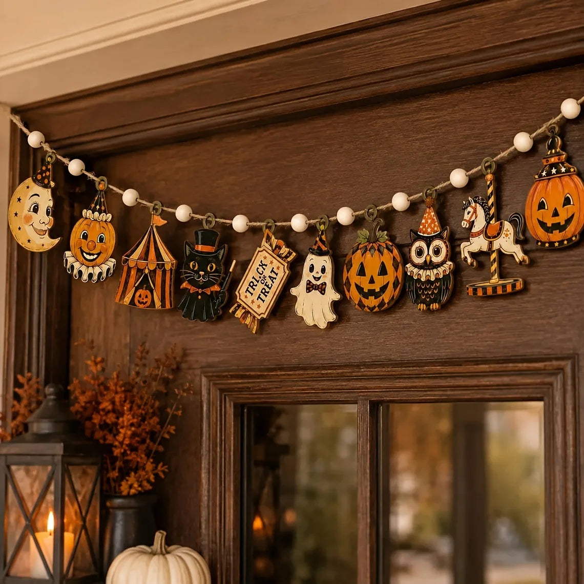 Vintage Halloween Wooden Banner – Pumpkin & Ghost Garland