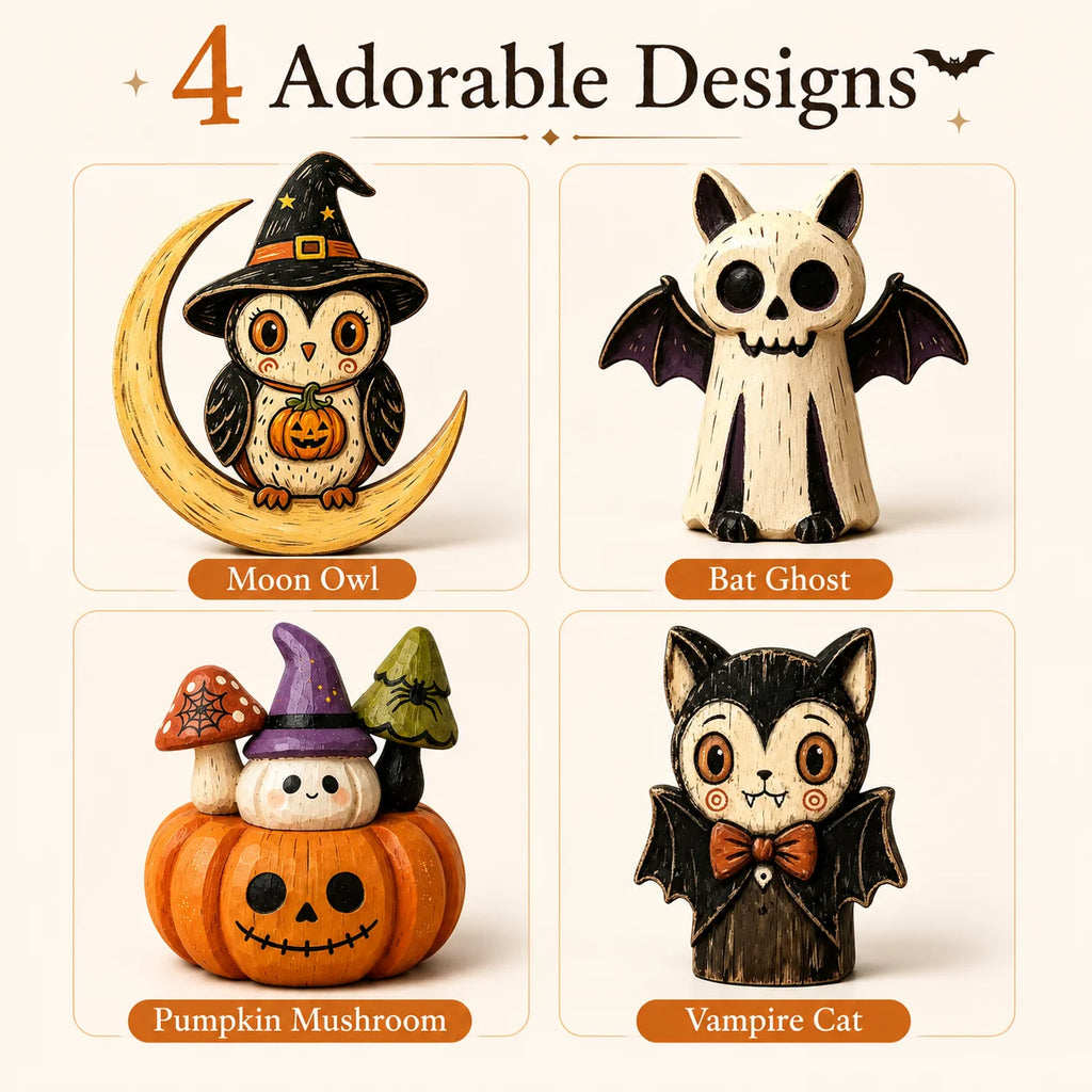 Hand-Painted Halloween Figurines – Owl, Ghost & Vampire Cat