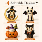 Hand-Painted Halloween Figurines – Owl, Ghost & Vampire Cat
