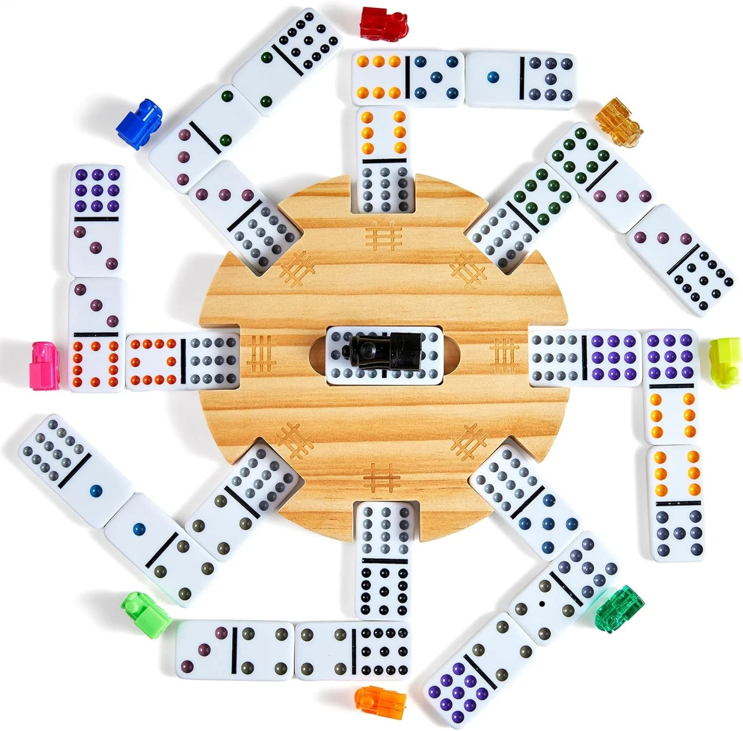 Mexican Train Double 12 Dominoes Set 🎲 | 91 Colorful Tiles, 4 Wooden Trays, 9 Trains 🚂 | Portable Carry Case for Family Game Nights 👨‍👩‍👧‍👦