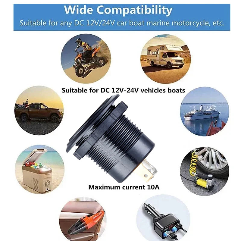 12V/24V Fast Charge USB Socket – 54W PD USB‑C + Dual QC3.0 Ports | Marine, Motorcycle, Truck & Car Power Outlet