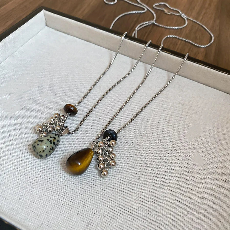 💛✨ Natural Spotted Tiger Eye Stone Necklace 🍇 | Vintage Water Droplet Grape Pendant 🌿 | Long Chain Necklace for Women Boho Accessories 💖
