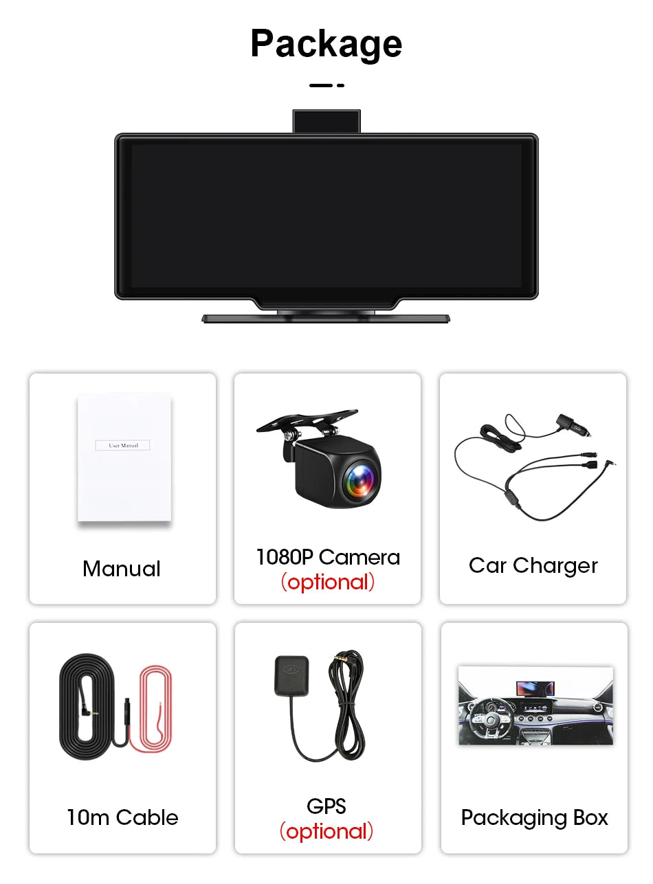 10.26" 4K Dash Cam Mirror with Wireless CarPlay & Android Auto, GPS, Rear Camera, 1600x600 IPS Touchscreen, Voice Control, Parking Monitor