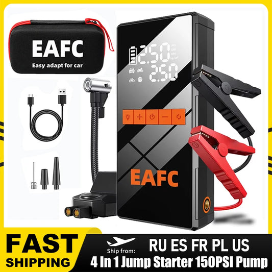 🚗⚡ 12V Car Jump Starter 4-in-1 – Wireless Tire Inflator Air Compressor, Power Bank & Fast Charging Portable Battery