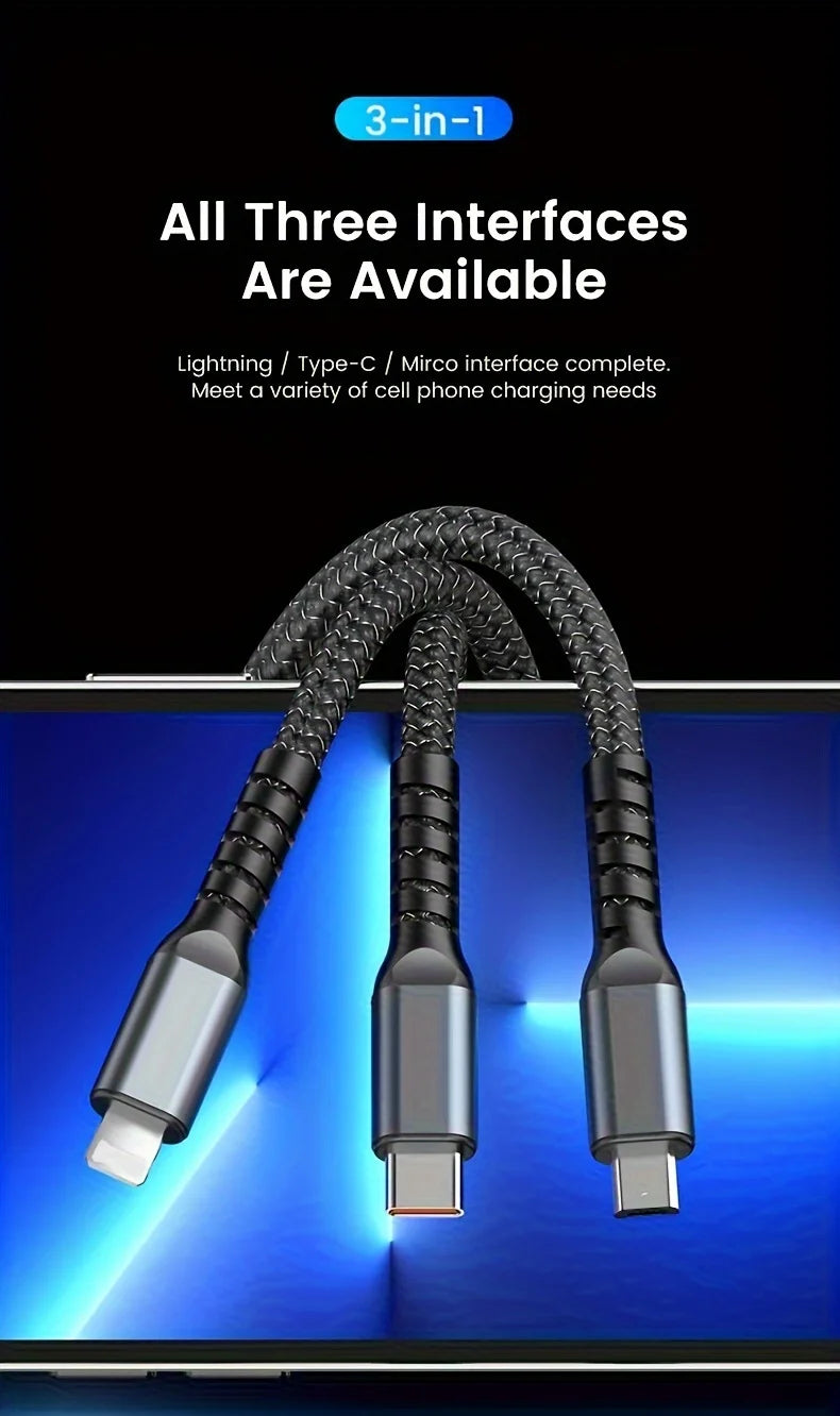 100W 3-in-1 MFi Transparent Fast Charging Cable with LED Pilot Lamp