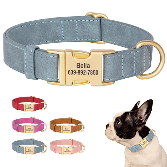 PU Leather Dog Collar with Free Custom Engraved Nameplate, Adjustable Anti‑Lost Buckle Collar for All Dog Sizes