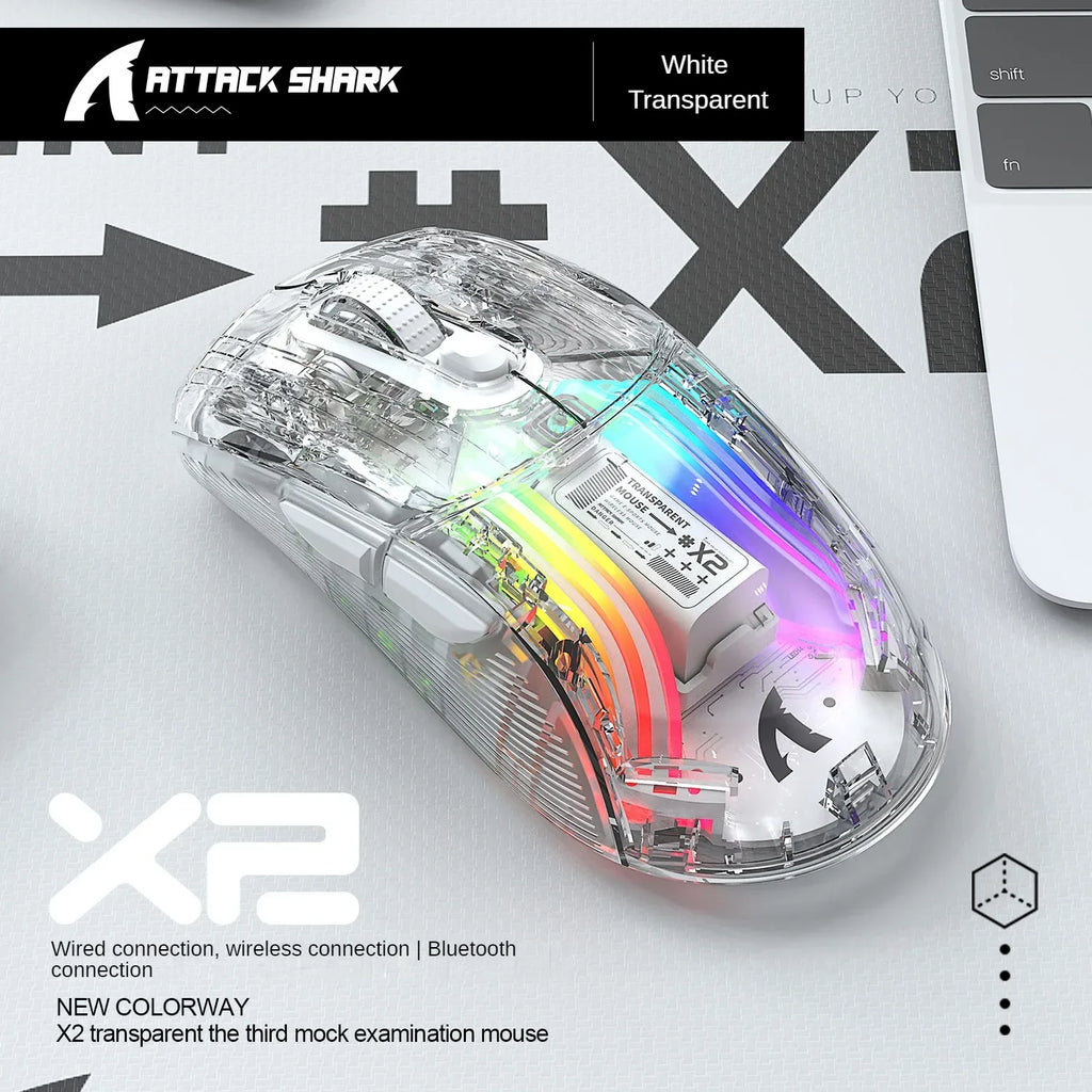 🔥🖱️ ATTACK SHARK X2 Pro Triple Mode Wireless RGB Gaming Mouse – Transparent Shell