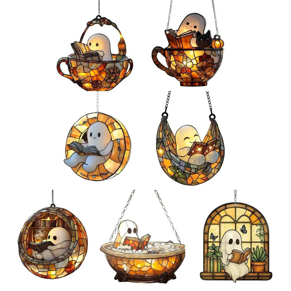 Halloween Ghost Reading Acrylic Ornament – Colorful Window Décor