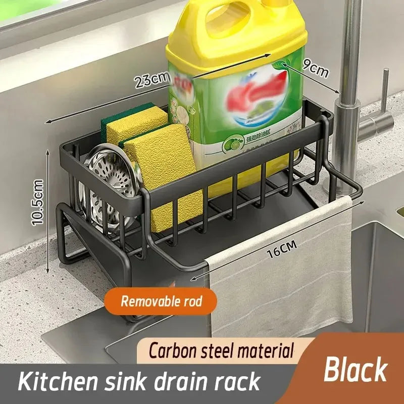🍽️✨ Multifunctional Kitchen Sink Storage Shelf | No-Punch Adhesive Drain Rack with Hooks 🧽 | Plastic Spice & Rag Organizer for Sink Tap